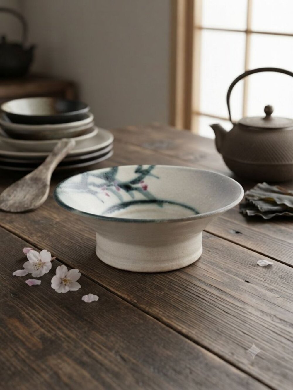 Vintage Studio Pottery Flared Bowl Hand-Painted Cherry Blossom Signed Studio Art